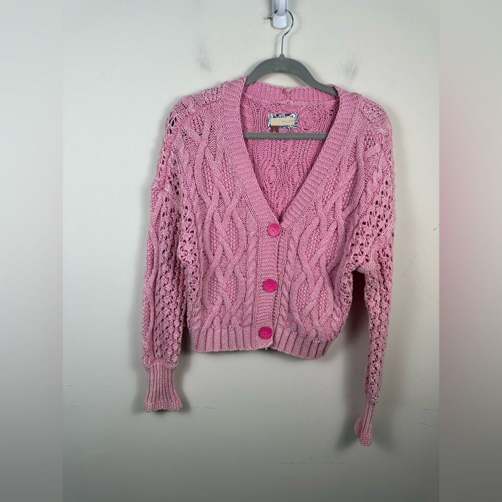 Pilcro Anthro Sweater Size Small Cableknit Cropped Cardigan Pink Shabby chic - Picture 2 of 8
